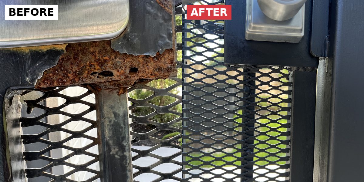 Rusted gate lock box before, rebuilt after